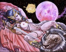 2017 a_princess_of_mars animal armlet athletic barsoom bed bed_sheet bedroom black_hair boots bracelet breasts breasts_out dejah_thoris jewel jewelry lion lipstick long_hair lying lying_on_back lying_on_bed navel panties perky_breasts pet planet ring shoulder_pads space sword thigh_ribbon thighlet tim_vigil topless