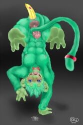 2:3 accessory anthro balls banana_in_ass blue_eyes bodily_fluids chumbasket collar ear_piercing ear_stud erection fangs front_view fur furgonomics genital_fluids genitals glistening glistening_eyes green_body green_fur handstand haplorhine hi_res humanoid_genitalia humanoid_penis looking_at_viewer male male_anthro mammal monkey nipples nude open_mouth penis piercing precum precum_string primate red_collar red_tailband solo tail tail_accessory tailband teeth upside-down