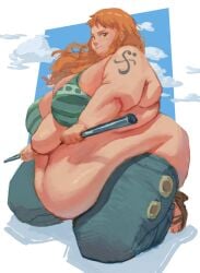 1girls 2023 absurd_res absurd_resolution absurdres alternate_ass_size alternate_body_type alternate_breast_size anime arm_tattoo ass bangs bare_arms bare_belly bare_midriff bbw belly belly_folds belly_overhang belly_rolls big_ass big_belly big_breasts blue_jeans blue_pants blush blush_lines blushing bo_staff bra breasts_on_belly brown_eyes brown_eyes_female brown_sandals chubby_cheeks cleavage cleavage_overflow closed_mouth closed_mouth_smile cloud cloudy_sky color colored deep_navel deep_skin denim_jeans digital_media_(artwork) double_chin exposed_ass fat fat_arms fat_ass fat_belly fat_breasts fat_face fat_female fat_folds fat_legs fat_thighs full_body gigantic_ass gigantic_belly green_bra gripping heels hi_res high_resolution highres holding_object holding_staff holding_weapon huge_ass huge_belly huge_breasts huge_thighs ineffective_clothing kneeling kneeling_on_ground lifting lifting_belly light-skinned_female light_skin long_hair looking_at_viewer love_handles morbidly_obese morbidly_obese_female muffin_top nami_(one_piece) navel no_panties nose_blush obese obese_female one_piece orange_hair orange_hair_female outgrowing_clothes overflowing_breasts overweight overweight_female pants posing post-timeskip sandal_heels sandals shaded shonen_jump side_view sideass simple_background slight_blush smile smiling ssbbw tattoo thick thick_ass thick_thighs three-quarter_view thunder_thighs toonami undersized_clothes wavy_hair weapon white_border wide_hipped_female wide_hips wide_thighs