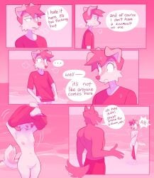 5_panel_comic anthro bodily_fluids canid canine canis clothing comic dialogue duo english_text female genitals ginger_(heresvix) half-closed_eyes heresvix hi_res humanoid_genitalia humanoid_vulva humor male mammal narrowed_eyes open_mouth open_smile shirt smile speech_bubble sweat sweatdrop t-shirt text tongue tongue_out topwear trans_(lore) trans_man_(lore) undressing vulva wide_eyed wolf