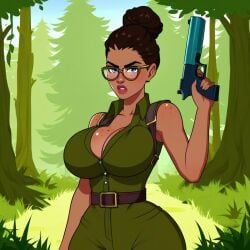 1girls ai_generated angry arcane belt big_breasts big_breasts big_hips breasts breasts brown_hair brown_skin cleavage female female female_focus female_only forest glasses green_outfit gun holding_gun holding_object hunter large_boobs large_breasts large_hips league_of_legends looking_at_viewer outdoors outside short_hair sky_young solo solo_female solo_focus standing uniform
