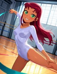 2025 ai_generated cartoon_network dc_comics dcau deviantart elryusam female green_eyes_female gym_background gym_uniform hand_on_leg holding_object looking_at_viewer meta red_eyebrows red_hair_female smile_at_viewer smiling_at_viewer starfire_(comics) starfire_(teen_titans) teen_titans teeth_showing wet_body wet_clothes wet_skin wet_swimsuit white_one-piece_swimsuit