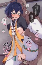 1boy ? absurdres ahoge arm_support belle_(delicate_sunlight)_(zenless_zone_zero) belle_(zenless_zone_zero) black_shirt blue_hair breasts chinese_clothes clothed_sex commentary_request crossed_bangs dark-skinned_male dark_skin female green_eyes hair_between_eyes hair_ornament highres leg_up letter_hair_ornament light_blush long_sleeves maruichi_pepeto medium_breasts nipples official_alternate_costume open_mouth pantyhose penis pussy_juice sex shirt short_hair standing standing_sex straight torn_clothes torn_pantyhose vaginal_penetration white_pantyhose zenless_zone_zero