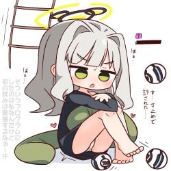 :o ? barefoot black_shirt blue_archive blunt_bangs blush commentary_request empty_eyes female full_body green_eyes grey_hair halo hana_kazari hare_(blue_archive) heart highres knees_up ladder long_hair long_sleeves open_mouth panties pussy_juice shirt simple_background sitting solo sweat translation_request underwear white_background white_panties yellow_halo