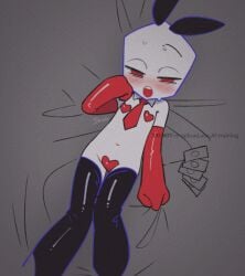 2025 armwear bed belly_button black_legwear black_thighhighs blush blushing blushing_at_viewer blushing_femboy blushing_male bunny_ears covered_nipples covered_penis deltarune deltarune_chapter_3 femboy femboy_focus femboy_only kogekoge_shoudo legwear looking_at_viewer male male_focus male_only money mostly_nude non-human non-human_only on_bed open_mouth partially_clothed pippins_(deltarune) playboy_bunny red_armwear red_eyes red_eyes_male red_tie simple_background sketch solo tie white_skin white_skinned_male