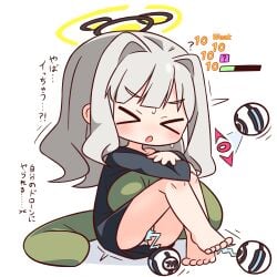 >_< :o ? barefoot black_shirt blue_archive blunt_bangs blush closed_eyes commentary_request female full_body grey_hair halo hana_kazari hare_(blue_archive) highres knees_up long_hair long_sleeves open_mouth panties shirt simple_background sitting solo translation_request underwear white_background white_panties yellow_halo