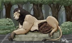 2022 belly big_belly body_outline brown_body brown_fur brown_mane colored dated detailed_background felid feral feral_pred forest forest_background frown fur inside_stomach internal jeri_kleinlowe lion long_tail looking_at_viewer lying male mammal mane nature nature_background nude nude_feral on_front organs pantherine pedestal plant shrub side signature solo stomach tail tail_tuft tan_body tan_fur text tree tuft vore white_text yellow_eyes