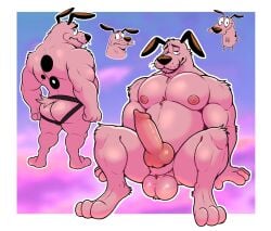 2025 abstract_background animal_genitalia animal_penis anthro anthrofied areola ass balls barazoku beagle belly biceps big_balls big_butt big_muscles big_penis blue_background border canid canine canine_genitalia canine_penis canis cartoon_network clothed clothed/nude clothing courage_the_cowardly_dog courage_the_cowardly_dog_(character) digitigrade domestic_dog erection eyebrows frown fur genitals hi_res hunting_dog jockstrap jockstrap_only knot looking_at_viewer looking_back looking_back_at_viewer male mammal musclegut muscular muscular_anthro muscular_male narrowed_eyes nipples nude pecs penis pink_body pink_fur posstype purple_background scent_hound sheath simple_background sitting solo spots standing thick_arms thick_penis thick_thighs topless topless_anthro topless_male tuft underwear underwear_only whiskers white_border
