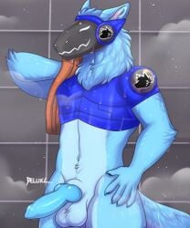 2025 animal_genitalia animal_penis anthro armor balls bathing blue_armor blue_body blue_fur blue_penis bottomless canine_genitalia canine_penis clothed clothing countershade_torso countershading deluxl digital_drawing_(artwork) digital_media_(artwork) drying erection fur genitals hi_res lasket machine male male_focus male_only muscular penis portrait protogen protogen_armor protogen_visor shaded shower showering signature slightly_muscular slim smile smug solo solo_focus thigh_up three-quarter_portrait towel wet white_body white_fur white_torso