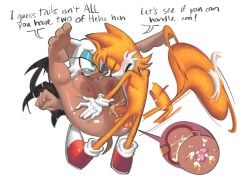 anthro anthro_on_anthro big_breasts cum cum_inside dialogue furry impregnation lewdmcgill miles_tails_prower multiple_penises penetration rouge_the_bat tails tails_the_fox text two_tails