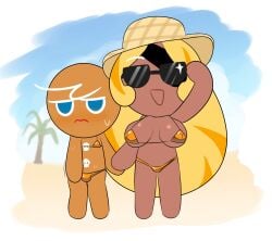1boy 1girls 2025 bikini bikini_bottom bikini_top blush blushing blushing_male breasts bulge cookie_run cookie_run:_tower_of_adventures cookie_run_kingdom cookie_run_ovenbreak devsisters embarassed_male female gingerbrave golden_bikini kuwoesque male male/female nipple_bulge no_humans non-human non-human_only penis penis_bulge skull_symbol sweat sweating sweaty tagme timekeeper_cookie tits