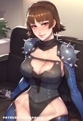 ai_generated big_ass big_breasts big_butt big_thighs blush braid brown_hair casting_couch couch huge_ass huge_breasts huge_butt huge_thighs makoto_niijima persona persona_5 red_eyes short_hair wanuze wide_hips