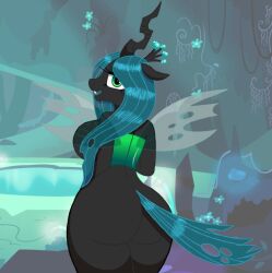 2018 anthro anthrofied arthropod ass big_ass big_breasts breasts cavern changeling cocaine-leopard crown detailed_background eyelashes eyeshadow fangs female flower friendship_is_magic green_eyes hasbro headgear horn insect_wings long_hair looking_at_viewer looking_back makeup mascara my_little_pony nude open_mouth open_smile plant pond portrait presenting queen_chrysalis_(mlp) rear_view side_boob smile solo standing teal_hair teeth thick_thighs three-quarter_portrait water wings