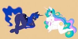 anthro anthrofied ass breasts bridle cocaine-leopard cosmic_hair duo equid equine ethereal_hair female friendship_is_magic hasbro hi_res horn long_hair mammal multicolored_hair my_little_pony mythological_creature mythological_equine mythology nipples nude pinup pose presenting princess_celestia_(mlp) princess_luna_(mlp) pseudo_hair sibling simple_background sister sisters unicorn