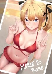 bangs bikini black_ribbon blonde_hair blue_eyes blush breasts collarbone cowboy_shot eyebrows_visible_through_hair female hair_ornament hair_ribbon long_hair medium_breasts navel open_mouth red_bikini ribbon smile solo swimsuit thigh_gap twintails