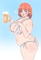 1girls ass bbw beer beer_mug big_ass big_breasts bikini breasts chubby chubby_female eyebrows_visible_through_hair fat_ass female female_only iroquöis large_ass large_breasts one_eye_closed original original_character overweight solo solo_female swimwear wink