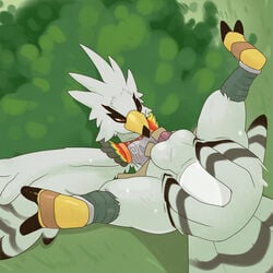 1:1 2019 2_toes alternate_version_at_source anal anal_sex anthro anus argon_vile armor avian backsack balls ballsack beak biped bird bottomless breastplate breath_of_the_wild clothed clothing egg egg_insertion feathers footwear grass hi_res leg_wrap lying male male_penetrated nintendo on_back on_ground orange_eyes outside penetration penis perineum plant shrub soles solo solo_male striped_feathers talons teba_(tloz) the_legend_of_zelda toe_curl toes video_games white_feathers yellow_beak