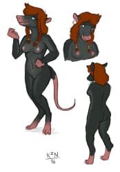 akna_(bahumot) anthro areola ass black_body black_fur braided_hair braided_pigtails breasts digital_media_(artwork) female fur genitals green_eyes grey_body grey_fur hair hi_res kazen101 looking_at_viewer mammal multiple_images murid murine nipples nude nude_anthro nude_female rat rat_tail red_hair rodent simple_background smile solo tail twintails vulva