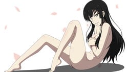 1girls barefoot black_hair breasts cherry_blossoms cleavage covering covering_breasts female female female_only kujou_sakurako_(sakurako) leaning_back leaves legs long_hair looking_at_viewer mole mole_under_eye nude parted_lips sakurako-san_no_ashimoto_ni_wa_shitai_ga_umatteiru sitting solo white_background