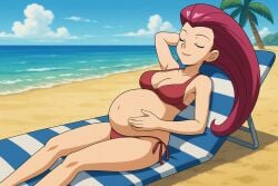 ai_generated beach bikini breasts breasts breasts closed_eyes jessie_(pokemon) milf pregnant pregnant_belly pregnant_female sexy sexy_pose