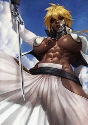 1girls absurdres big_breasts bleach blonde_female blonde_hair blonde_hair blonde_hair_female dark-skinned_female dark_skin female green_eyes looking looking_at_viewer looking_down looking_down_at_viewer monorirogue muscular muscular_female short_hair solo solo_female sword tattoo tattoo_on_breast tattoo_on_chest tia_harribel tier_harribel underboob viewed_from_below