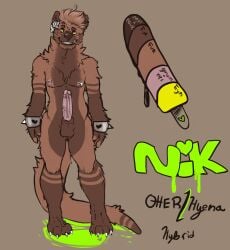 anthro bracelet brown_background brown_body brown_fur brown_hair brown_nose cheek_tuft chest_tuft chumbasket ear_piercing erection facial_tuft front_view fur genitals gloves_(marking) grin hair hi_res humanoid_genitalia humanoid_penis hybrid hyena jewelry leg_markings looking_at_viewer male male_anthro mammal markings model_sheet mustelid neck_tuft nipple_piercing nipple_ring nipples nude otter penis piercing ring_piercing short_hair simple_background smile socks_(marking) solo spiked_bracelet spikes tuft yellow_eyes