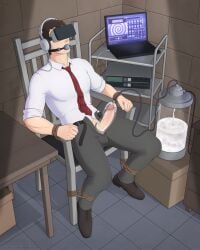 abalionart ball_gag bondage brown_hair drooling gag headphones hypnosis laptop male_only malesub milking_machine mind_control original penis penis_milking penis_milking_machine restrained short_hair sitting tie visor