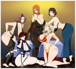 ann_takamaki big_breasts black_hair blonde_hair cosplay ghostlessm glasses haru_okumura hourglass_figure huge_breasts kasumi_yoshizawa long_hair long_legs lyn_me makoto_niijima massive_breasts multiple_girls oola_(cosplay) orange_hair persona_5 persona_5_royal ponytail sakura_futaba seductive_eyes seductive_look seductive_pose seductive_smile short_hair slave_bikini slave_collar slave_leia_(cosplay) slave_outfit slavegirl smiling_at_viewer thick_thighs twintails voluptuous_female
