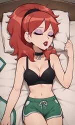 ai_generated ass bigmic145 bra breasts cleavage dolphin_shorts envy_adams female navel netflix ponytail red_hair scott_pilgrim scott_pilgrim_takes_off shorts sleeping