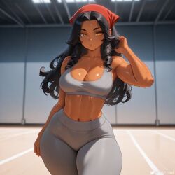 ai_generated amber_eyes bandanna_on_forehead bigbizarts caramel-skinned_female curly_hair curvy_body gym_baddie long_hair original_character toned_female