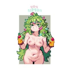 artist_name boku_no_hero_academia breasts cleft_of_venus commentary cowboy_shot deku's_photo_of_hagakure_toru english_commentary female gloves green_eyes green_hair grin hagakure_toru inward_v l_hand large_breasts long_hair looking_at_viewer multicolored_hair navel nipples nude paid_reward_available pink_hair pixel_art pointing pointing_at_self pussy sim0n404 simple_background smile solo stomach two-tone_hair v very_long_hair
