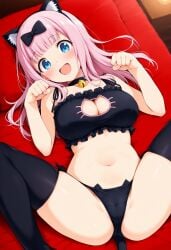 ai_generated bed bedroom black_bow blue_eyes blunt_bangs boob_window breasts cat_ears cat_lingerie cat_panties cat_tail fake_animal_ears female fujiwara_chika hairbow indoors kaguya-sama_wa_kokurasetai_~tensai-tachi_no_renai_zunousen~ large_breasts laying_on_back laying_on_bed leg_spread long_hair paw_pose pink_hair red_bed_sheet spread_legs stomach thick_thighs thigh_highs thighhighs