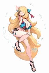 1girls absurdres arm_behind_head arm_up big_breasts bikini black_eyes black_sandals blonde_hair blue_bikini blush breasts character_print cleavage cosplay cynthia_(pokemon) cynthia_(summer_2025)_(pokemon_masters) eyes_visible_through_hair female full_body gen_3_pokemon gonzarez grin hair_ornament hair_over_one_eye hair_ribbon highres huge_breasts long_hair looking_at_viewer milotic milotic_(cosplay) navel nintendo pink_ribbon pokemon pokemon_masters_ex print_bikini ribbon sandals side-tie_bikini_bottom simple_background smile solo swimsuit teeth water wet white_background