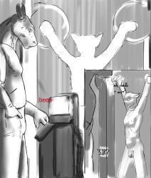 2022 anthro beep bottomwear bright_light clothed clothed_male clothing dialogue domestic_cat dragon duo ears_back felid feline felis genitals greyscale hand_in_pocket hi_res horn inside jeri_kleinlowe looking_up machine male male/male male_anthro mammal monochrome mythological_creature mythological_scalie mythology nipples nude nude_male open_mouth pants penis pivoted_ears pockets red_text scalie shirt size_difference size_transformation slave speech_bubble text topwear transformation