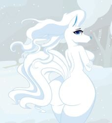 alolan_form alolan_ninetales anthro anthrofied ass big_ass canid canine cocaine-leopard crossed_arms female fur generation_7_pokemon long_hair looking_at_viewer mammal ninetales nintendo nude outside pokemon pokemon_(species) pokemorph regional_form_(pokemon) snow solo standing white_body white_fur
