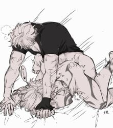 2boys anal armlet bite_mark bite_mark_on_ass blush bottomless breath completely_nude cum cum_in_ass cum_on_body fingerless_gloves gloves greyscale hch85784281 head_blush heart holding_hands honkai:_star_rail honkai_(series) jewelry male_focus male_penetrated monochrome motion_lines multiple_boys mydei_(honkai:_star_rail) nude phainon_(honkai:_star_rail) pinned rough_sex sex shirt short_hair short_sleeves single_glove speech_bubble top-down_bottom-up white_backgroound yaoi