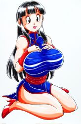 1girls area5169458561 bare_legs black_hair busty chichi curvy dragon_ball high_heels huge_breasts light-skinned_female light_skin milf sticking_out_tongue white_background