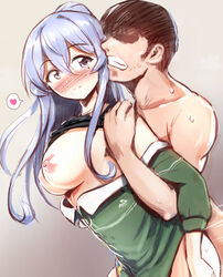 1boy admiral_(kantai_collection) blue_eyes blue_hair blush breasts breasts_out clothed_female_nude_male clothed_sex commentary_request female gotland_(kantai_collection) heart hhh_(wave) kantai_collection large_breasts long_hair mole mole_under_eye nude shirt_lift speech_bubble spoken_heart standing standing_sex straight