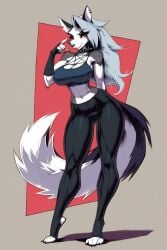 1girls ai_generated anthro ass big_ass big_breasts breasts ear_piercing ears female fingerless_gloves furry furry_female gigiti grey_body grey_fur grey_hair hellhound helluva_boss large_breasts long_hair looking_at_viewer loona_(helluva_boss) pants red_sclera smile spiked_collar sports_bra tail thick_thighs two_tone_body two_tone_fur two_tone_tail white_body white_fur wide_hips wolf wolf_girl