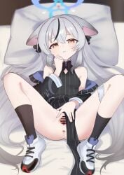 absurdres animal_ears anus bar_censor bare_shoulders bed_sheet black_dress black_hair black_jacket black_socks black_streaks blue_archive blue_halo blush censored china_dress chinese_clothes clothing_aside commentary dress ears_down female full_body grey_hair hair_between_eyes hair_intakes halo highres indoors jacket kokona_(blue_archive) looking_at_viewer lying m_legs no_panties off_shoulder on_back on_bed open_clothes open_jacket pelvic_curtain pelvic_curtain_aside pussy shoes socks solo spread_legs spread_pussy striped_clothes striped_dress thighs tiger_ears tiger_girl vertical-striped_clothes vertical-striped_dress wakamomo1000 white_shoes yellow_eyes