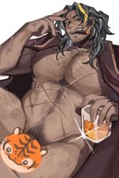 1boy 2025 abs bara beannibun beard beard_stubble black_hair body_hair bourbon_(drink) bullet_scar censored cigar cocky cocky_smile emoji_censor feet_out_of_frame gay jacket jacket_only lei_heng_(limbus_company) limbus_company looking_at_viewer male male_only man_boobs musclegut muscular muscular_male nipples pecs project_moon pubic_hair red_jacket scars sharp_canines sharp_teeth solo solo_male stubble tiger white_hair yellow_streak
