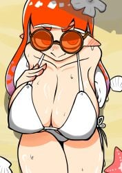 1girls atros_(misstta_neutral) beach bikini blush breasts cleavage flower_hair_ornament glasses hair_ornament inkling inkling_girl large_breasts long_hair looking_at_viewer nintendo orange_eyes orange_hair pointy_ears seashell side-tie_bikini splatoon sunglasses sweat tentacle_hair thick_thighs white_bikini