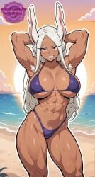 1girls abs ai_generated armpit_hair arms_behind_head arms_up big_breasts big_breasts big_breasts bikini boku_no_hero_academia breasts breasts breasts busty busty_female female female female_focus female_only girl innocentportal jorgecarlosai long_hair mirko miruko my_hero_academia naughtyportal navel posing purple_bikini red_eyes sexy smile standing sunset superheroine teeth teeth_showing toned toned_body toned_female toned_legs toned_stomach watermark white_armpit_hair white_hair