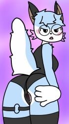 blue_body blue_fur blue_hair blue_skin female furry furry_female glasses looking_at_viewer looking_back partially_nude partially_visible_vulva piss_soaked piss_soaked_clothes pussy soaked_clothes soaked_panties tight_clothes tight_clothing wet_clothes wet_clothing wet_panties