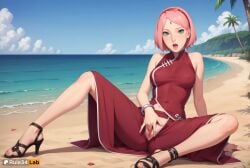 1girls ai_generated arm_support artist_name bare_shoulders beach black_footwear blue_sky boruto:_naruto_next_generations bracelet breasts clitoris cloud cloudy_sky covered_nipples day dress facial_mark female female_masturbation fingering forehead_mark full_body green_eyes hairband hi_res high_heels horizon jewelry looking_at_viewer masturbation medium_breasts nail_polish naruto naruto_(series) naruto_shippuden navel no_panties ocean on_ground open_mouth outdoors palm_tree parted_bangs patreon_logo pink_hair pussy red_hairband rule34lab sakura_haruno sand sandals short_hair sitting sky solo spread_legs spread_pussy teeth toeless_footwear toenails tree uncensored water