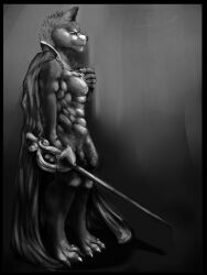 abs anthro canid canine cape chumbasket clothing foreskin full-length_portrait genitals hi_res holding_melee_weapon holding_object holding_sword holding_weapon humanoid_genitalia humanoid_penis looking_at_viewer male male_anthro mammal melee_weapon monochrome mostly_nude muscular muscular_anthro muscular_male narrowed_eyes nipples pecs penis portrait side_view simple_background solo standing sword weapon