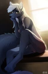 1girls animal_ears anthro black_body black_fur blush breasts ears female fur furry green_eyes long_hair looking_at_viewer naked naked_female nipples nude nude_female pussy sitting smile snout solo tail were werecanid werecanine werecreature werewolf werewolf_girl white_hair wolf wolf_girl