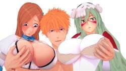 1boy 2girls bleach bleach:_the_thousand-year_blood_war breast_grab cleavage cleavage_cutout hair_ornament ichigo_kurosaki inoue_orihime koikatsu nelliel_tu_odelschwanck orange_eyes orange_hair simple_background tagme tears