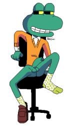 1boy 2025 4_fingers amphibian anthro anthro_only ass balls bottomless bottomless_male cartoony cel_shading chair collared_shirt desk_chair foreskin frog green_body green_skin half-closed_eyes itamigao leg_up male_only mr._corneille no_background no_pants non-human penis pinup pixel_art posing presenting_ass presenting_balls presenting_penis seductive seductive_pose seductive_smile self_upload shoe_removed signature simple_background sitting sitting_on_chair smile smiling smiling_at_viewer socks solo solo_focus solo_male sweater the_amazing_world_of_gumball toony white_background yellow_sclera