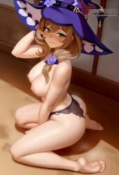 1girls 2d ai_generated ass big_ass breasts erophoenix female female_focus full_body genshin_impact lisa_(genshin_impact) long_hair looking_at_viewer medium_breasts nipples patreon_username solo solo_female sweat thick thick_thighs uncensored witch_hat